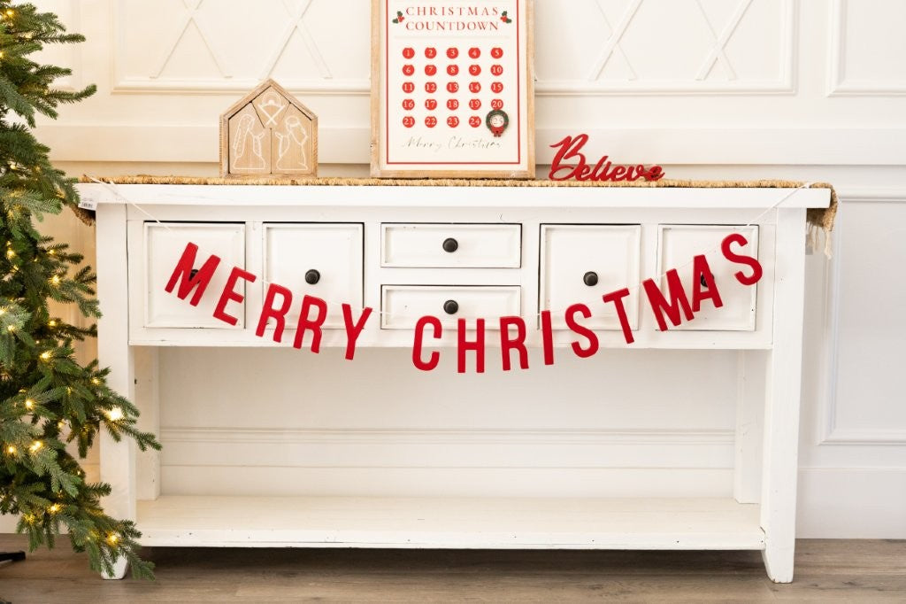 70" Wood Garland Banner MERRY CHRISTMAS Decor red