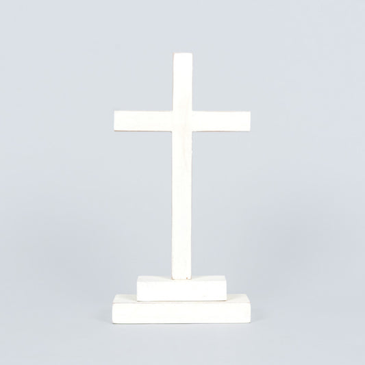 10" wood CROSS on stand, white  - 31014