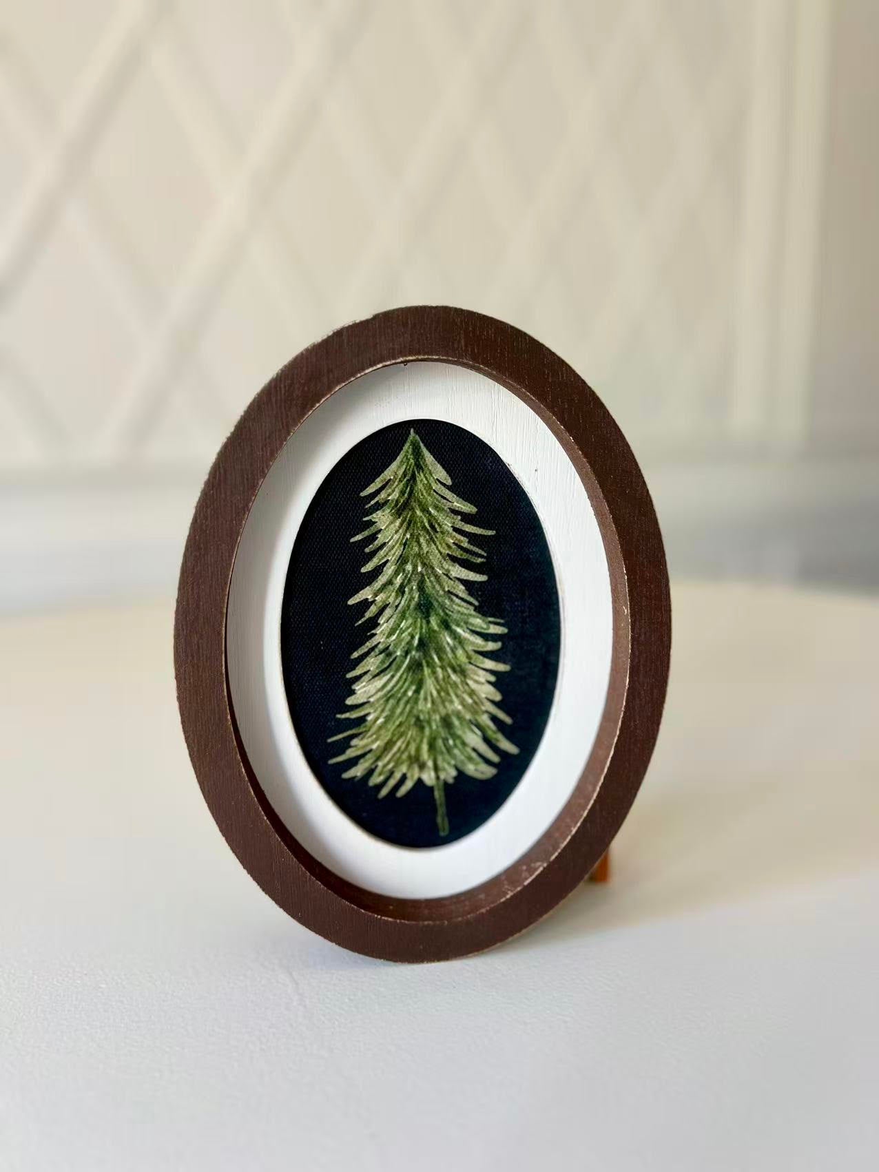 Oval Wood Frame Art 6x8" PINE TREE Fall Christmas - 60001