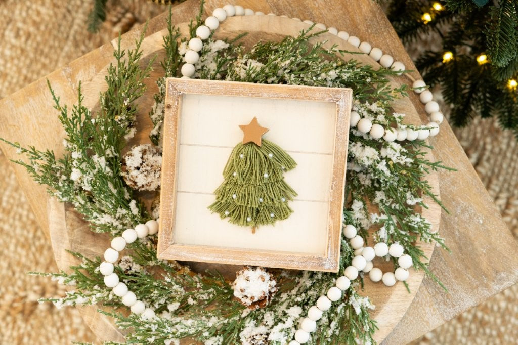 Wood Frame Sign 7x7" TASSEL Christmas Tree Decor - 71346